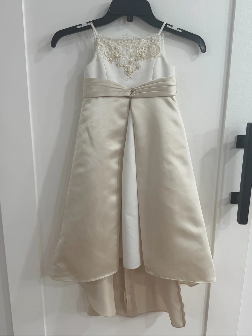 David's Bridal 2T Flower Girl Satin Dress High-Low Train - Ivory/Champagne